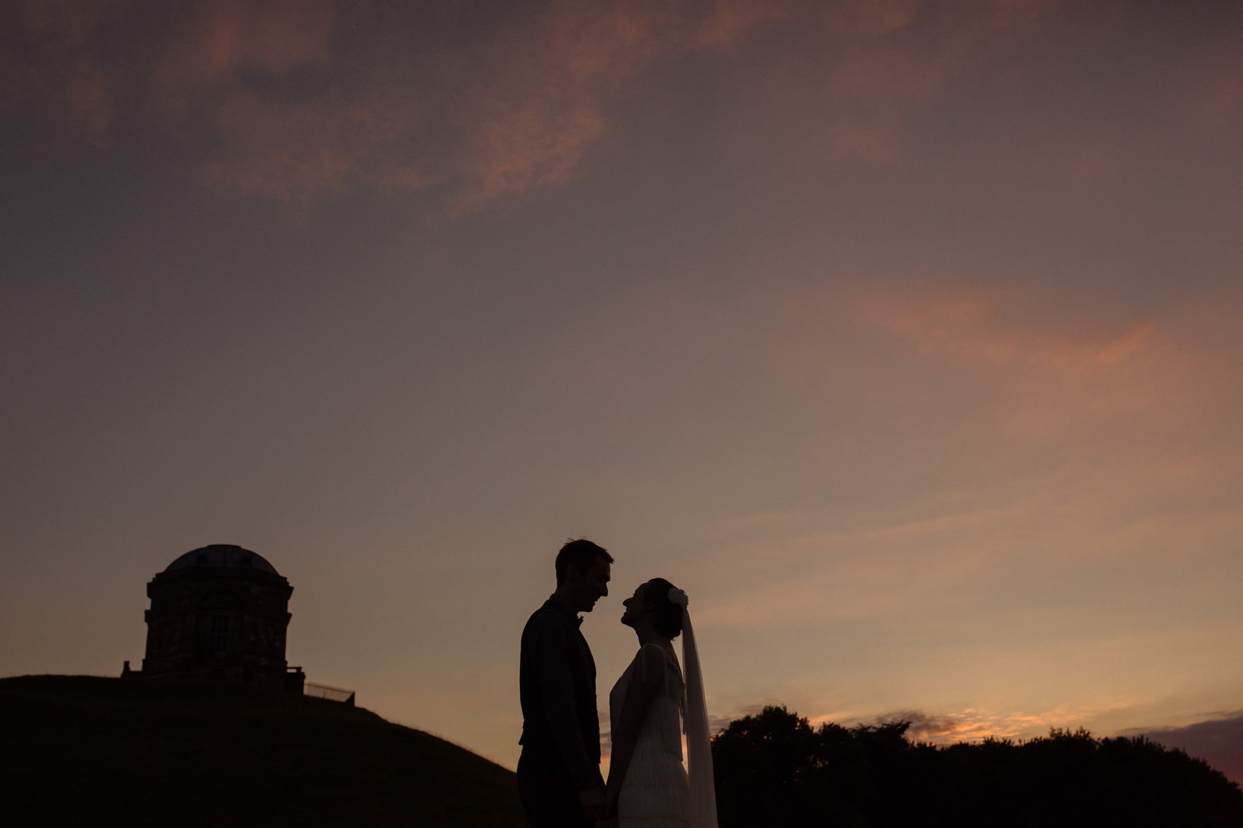 sunset at duke of york tower allerton castle wedding photogrpaher