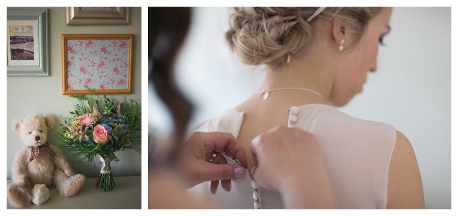 Bride putting on Jenny Packham dress