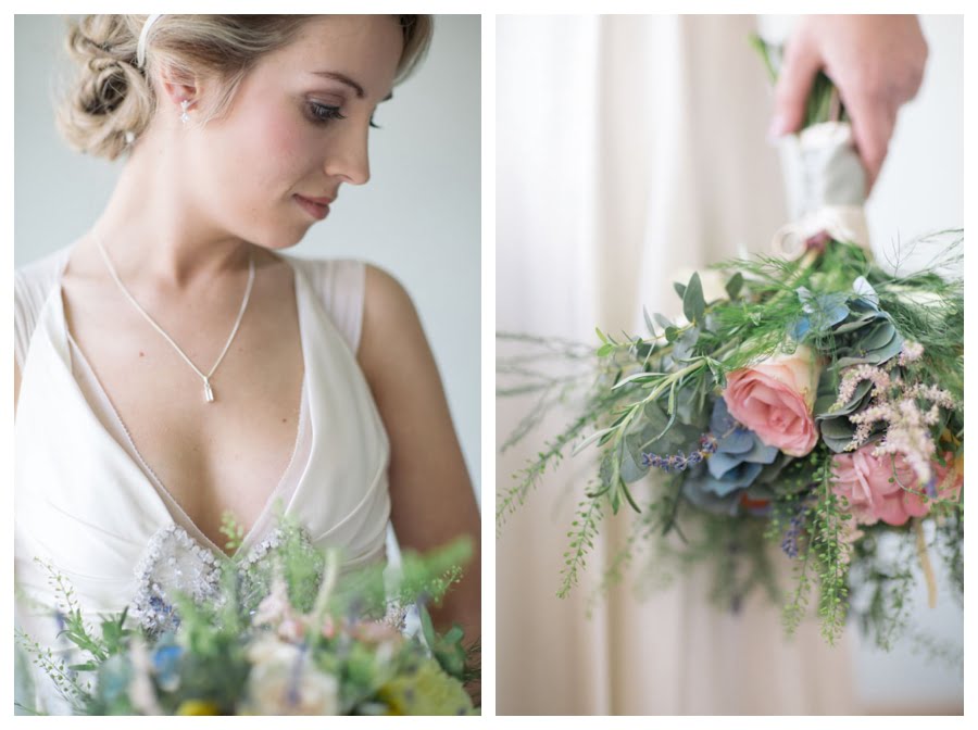 Bride wearing Jenny Packham dress with cottage style bouquet