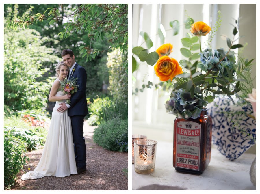 Bride & Groom and flowers at East Riddlesden hall.