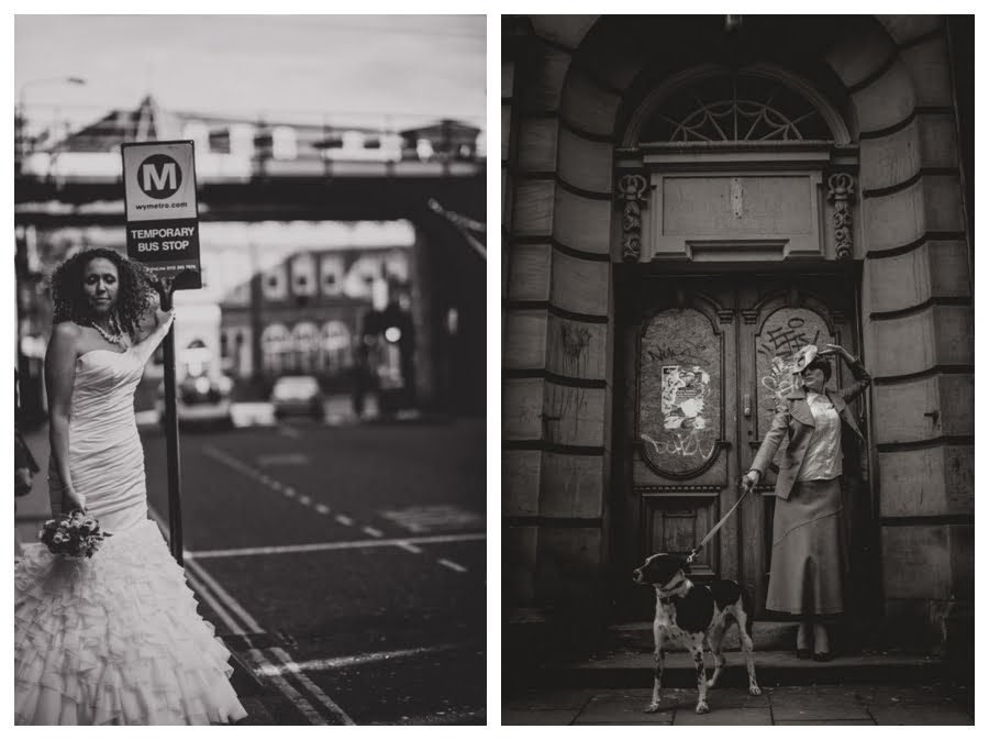 Bride at bus stop & Town Hall bride with dog