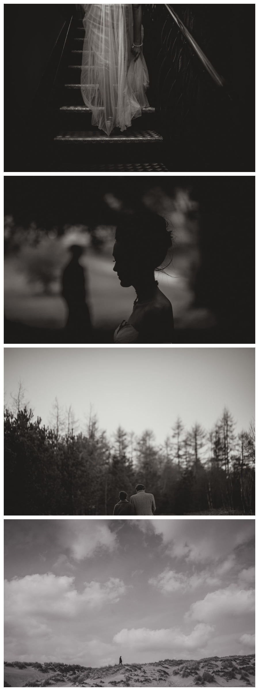 Bride walking up stairs, Beach and trees