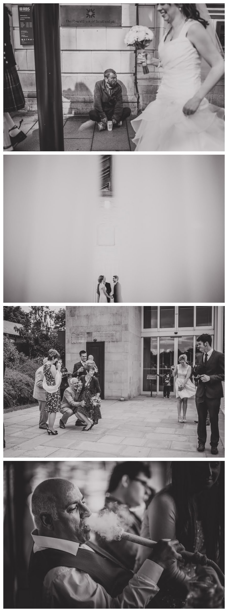Bride walking by homeless man, ceremony and smoking hookah pipe at YSP