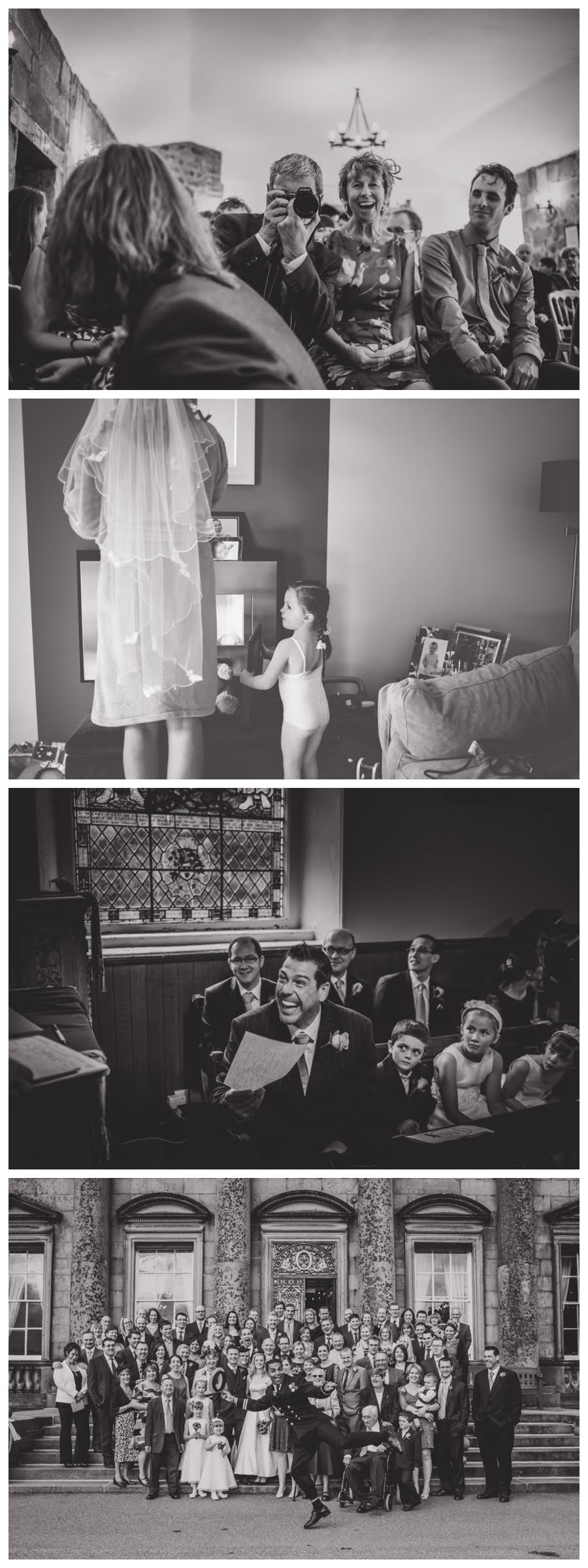 Wedding guests with camera, best man and group shot