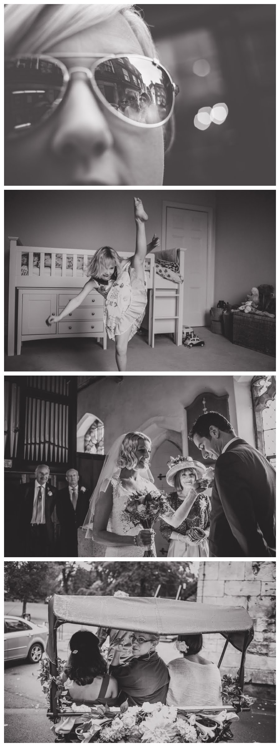 Bridesmaid in Aviators, girl high kicking, bride with groom