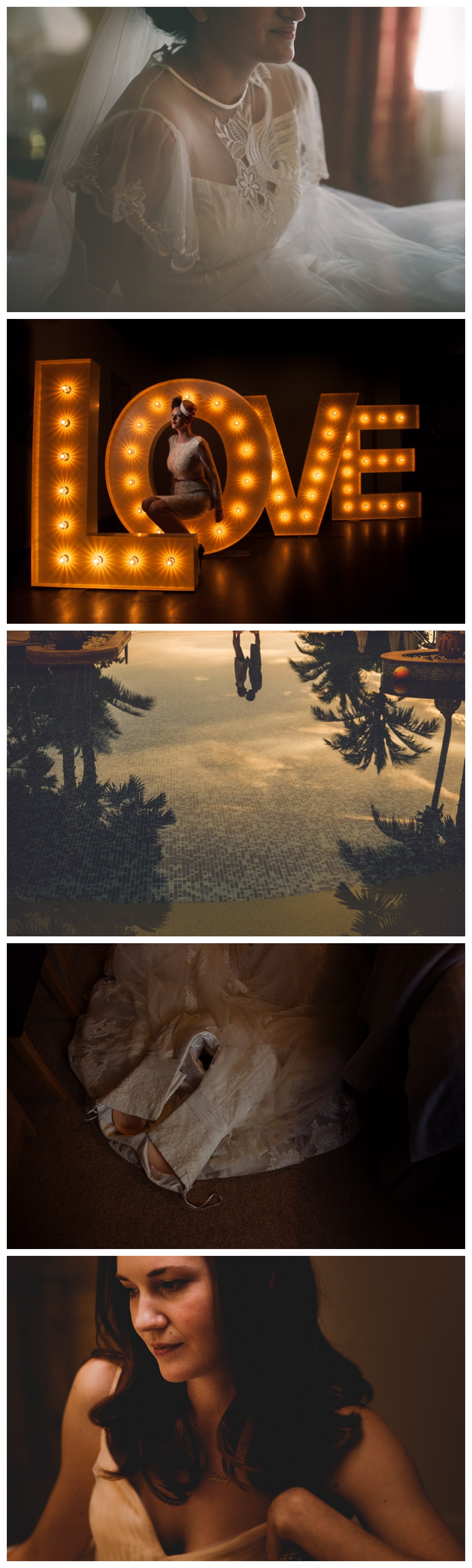 Bridal portraits, swimming pool with palm trees and giant illuminated letters