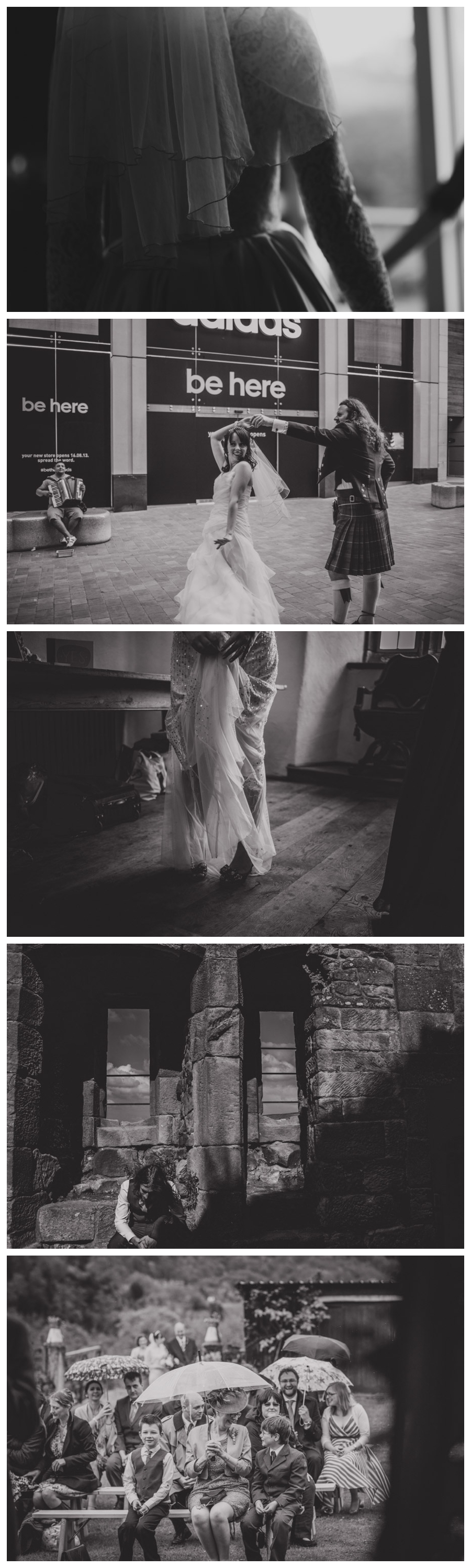 Bride and groom dancing in the street, guests with umbrellas