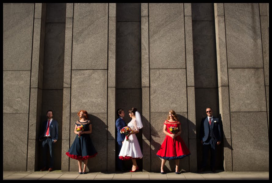 wedding, group, portrait, bridesmaids, bride, groom, wedding, 1950s, photographer