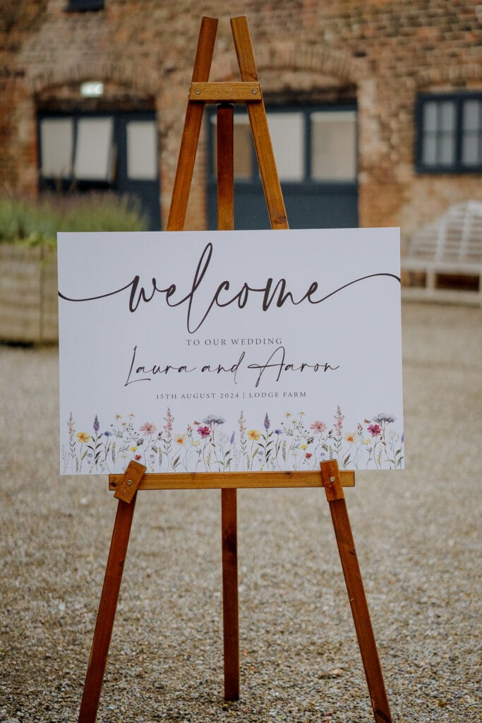 wedding sign at lodge farm wedding venue cundall